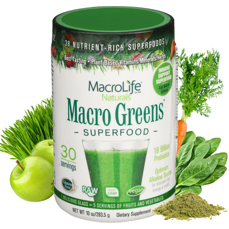 MacroLife Macro Greens Powder 38 Superfood Probiotics Antioxidants Digestive Enzymes & Adaptogen Supplement - Daily Super Green Juice & Smoothie Mix