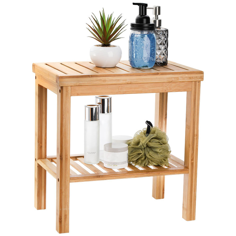 SOUJOY Bamboo Shower Bench, Bath Seat Stool, Spa Foot Rest Shaving Stool, Storage Shelf for Shampoo Towel, Works in Inside Bathroom, Living Room, Bed