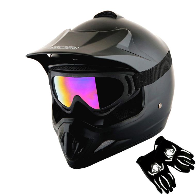 WOW Youth Kids Motocross Helmet BMX MX ATV Dirt Bike Helmet Matt Black + Goggles + MG Youth Black Glove Bundle