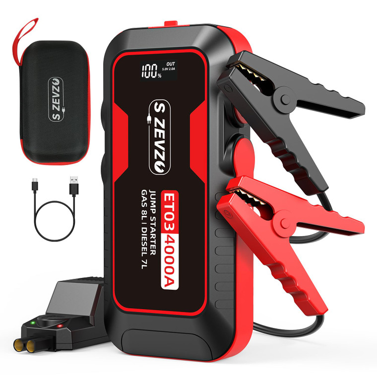S ZEVZO ET03 Car Jump Starter 4000A Jump Starter Battery Pack for Up to 8.0L Gas and 7.0L Diesel Engines, 74Wh Portable 12V Jump Box with USB Ports,