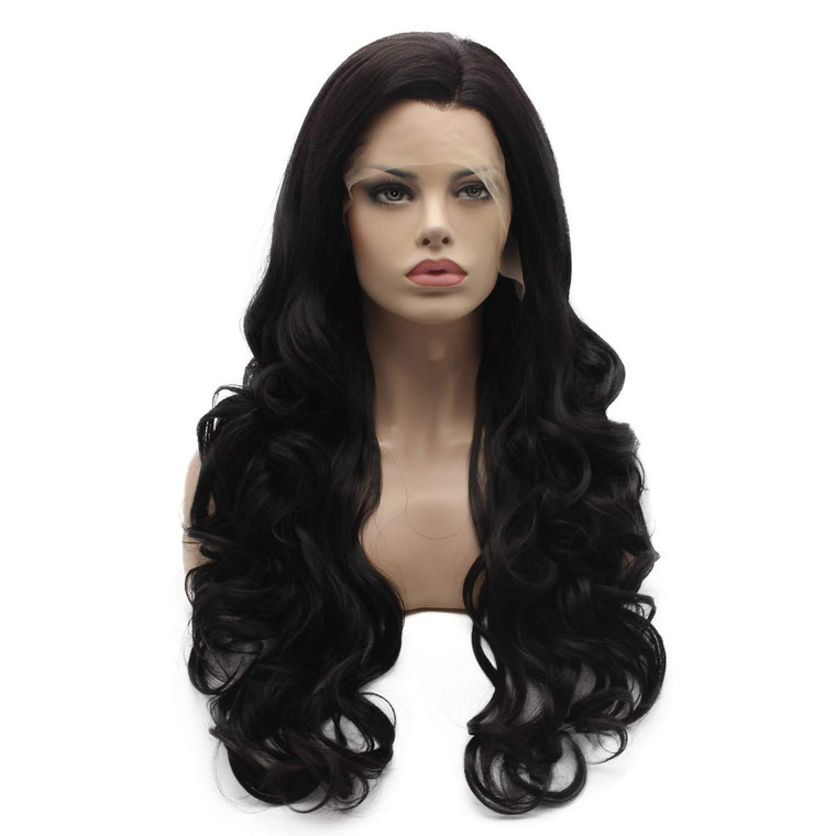 Lushy Synthetic Lace Front Wig Wavy Long Darkest Brown Wig Heat Friendly Full Density Realistic Wig