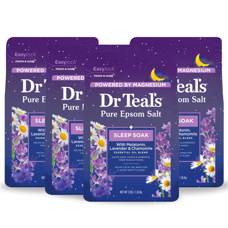 Dr Teal's Pure Epsom Magnesium Salt Soak, Sleep Blend with Melatonin, Lavender & Essential Oils, 3 lb (Pack of 4)