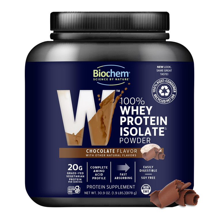 Biochem 100% Whey Isolate Protein Powder, Chocolate Flavor, 20g Grass-Fed Protein, Keto Friendly, Gluten Free, Vegetarian, Easily Digestible, 30.9 oz