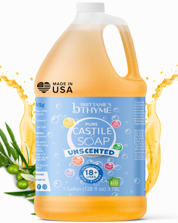 Brittanie's Pure Organic Castile Liquid Olive Oil Soap Refill, 1 Gallon Unscented | Face, Body Wash, All Purpose Cleaner, Dishes, Pets, Laundry | Veg