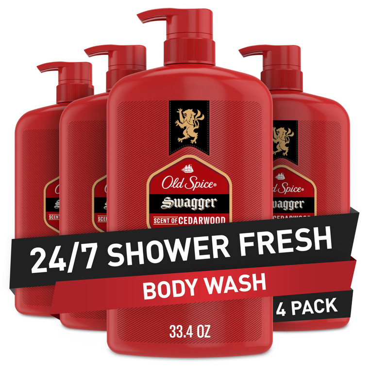 Old Spice Body Wash for Men, Refreshing 3X Defense, 24/7 Shower Fresh with Long Lasting Scent, Red Collection, Swagger with Cedarwood Scent, 33.4 oz