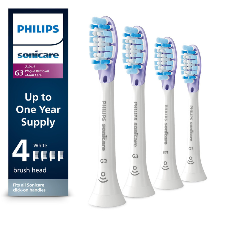 Philips Sonicare G3 Two-in-One - Genuine Replacement Electric Toothbrush Heads, White, 4 Pack One Year Supply, HX9054/65
