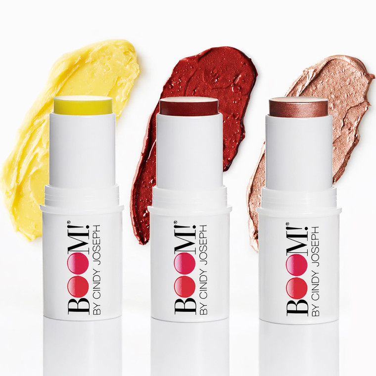 Boomstick Trio ® Color 3 Pack Cream Blush Makeup, Color Blush Stick, Highlighter Stick & Moisturizer for Cheeks, Eyes & Lips, Blendable Vegan Boom St