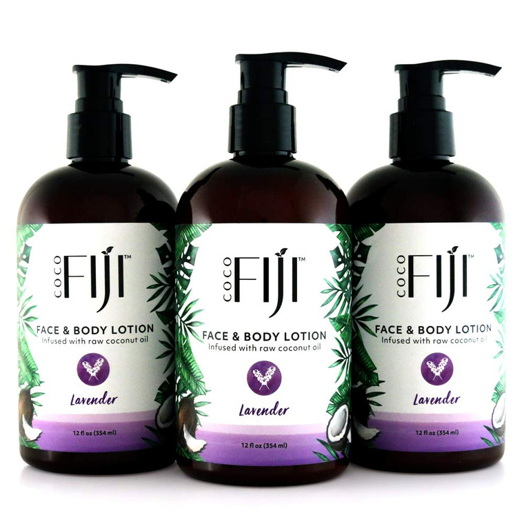 Coco Fiji Face & Body Lotion Infused With Coconut Oil | Lotion for Dry Skin | Moisturizer Face Cream & Massage Lotion for Women & Men |Lavender 12 oz