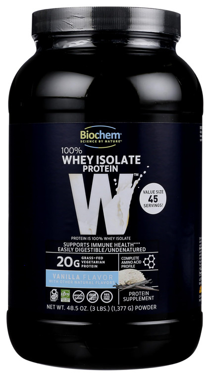 Biochem 100% Whey Isolate Protein Powder, Vanilla Flavor, 20g Grass-Fed Protein, Keto Friendly, Gluten Free, Easily Digestible, Vegetarian, 48.5 oz,