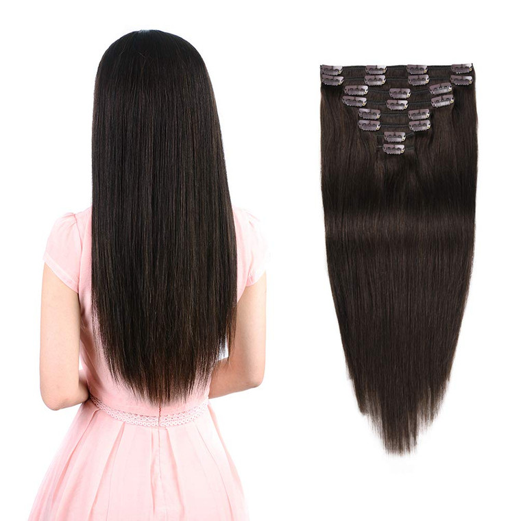 Real Clip in Hair Extensions Natural Black 8 Pieces - Premium Women Straight Double Weft Thick Remy Hair Extensions Clip in on Human Hair for Long Ha
