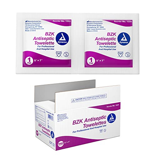 Dynarex BZK Antiseptic Towelettes - 5"x7" - With Benzalkonium Chloride Formula, Hand Sanitizing Wipes or First Aid Wound Wipes, 1 Case of 1000 (Packa