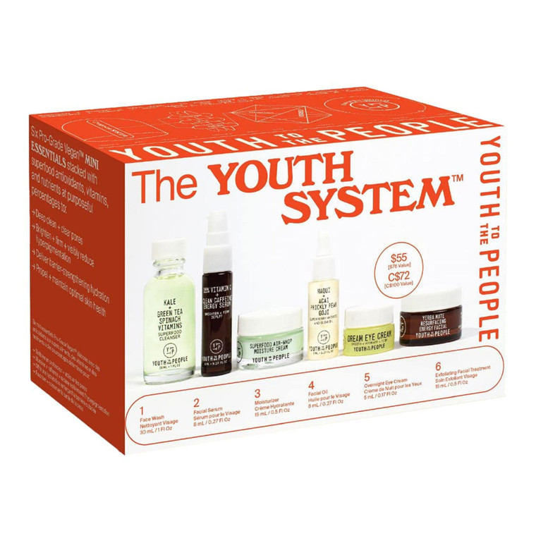 Youth To The People Youth System Set, 6-Pc Superfood Antioxidant Skincare Giftset, Mini Travel Cleanser, Dewy Face Oil, Hydrating Moisturizer, Bright