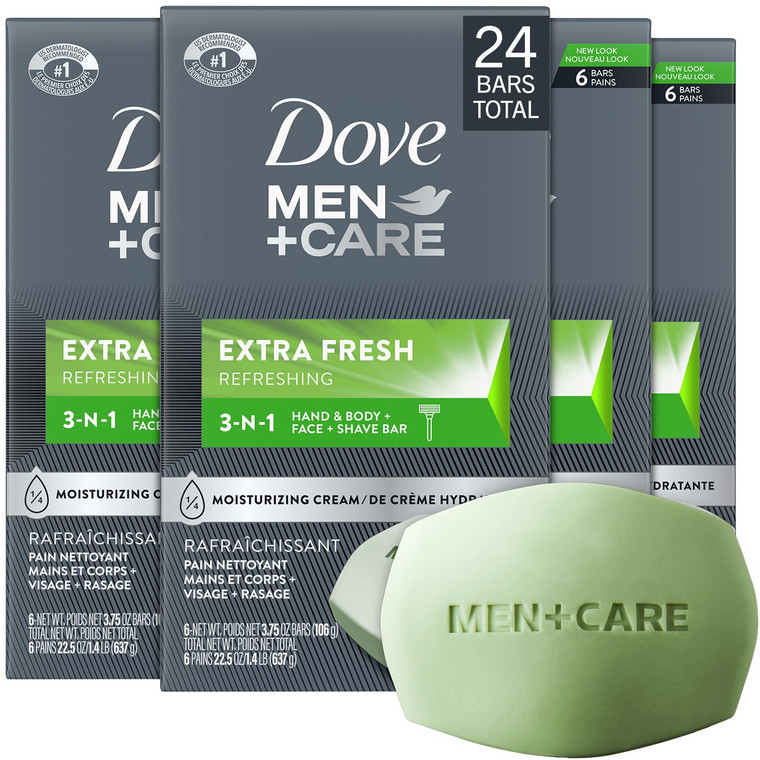 Dove Men+Care Soap Bar, Extra Fresh Scent 4-Pack (24 Bars)  Hydrating 3-in-1 Body, Hand, and Face Cleanser for Men, 22.5 Oz Ea