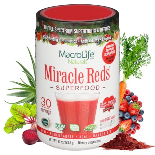MacroLife Naturals Miracle Reds Superfood Powder 19 Blended Fruit & Berry Polyphenols Enzymes Probiotics & Antioxidants Supplement - Raw Non-GMO & Ve