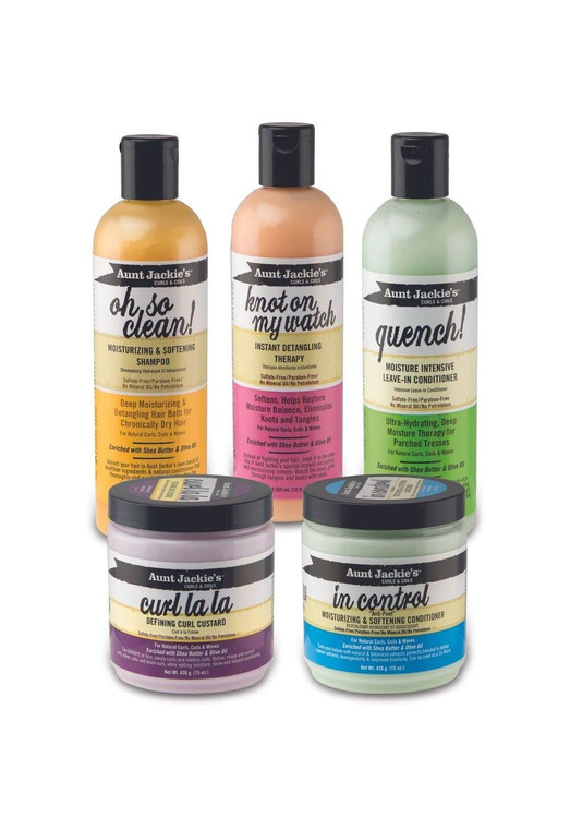 Aunt Jackie's Curls & Coils Bundle, All 5 Products in Collection, Hydrate & Define Hair, Combat Frizz & Dryness, For all Hair Types and Textures Clea