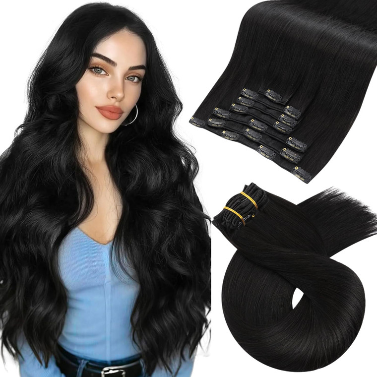 Moresoo Black Clip in Hair Extensions Straight Remy Double Weft Human Hair Clip in Extensions Straight Hair Extensions for Women Natural Black #1B 7p