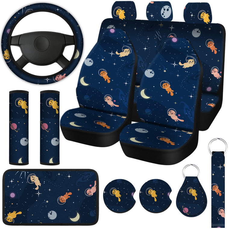 Fiada 15 Pcs Full Car Seat Covers Set Car Accessories Seat Covers Steering Wheel Cover Belt Pads Armrest Pad Cup Holders Keychains for Most Truck SUV