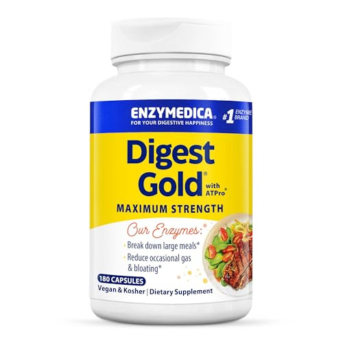 Enzymedica Digest Gold + ATPro, Maximum Strength Enzyme Formula, Prevents Bloating and Gas, 14 Key Enzymes Including Amylase, Protease, Lipase and La