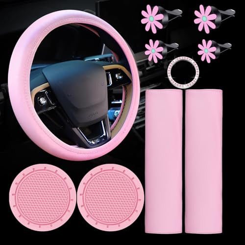 Frienda 10 Pcs Leather Steering Wheel Cover Set for Women 14.5-15 Inch Car Accessories with Seat Belt Shoulder Pad Seatbelt Cover Cup Holder Start Bu