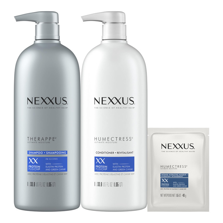 Nexxus Shampoo and Conditioner and 3 Hair Treatment Masks Therappe Humectress 5 Pack for Dry Hair Silicone-Free, Moisturizing Caviar Complex and Elas