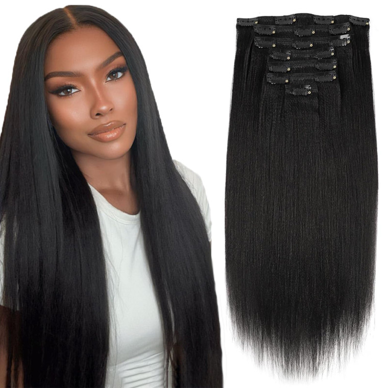 Sassina Real Thick Yaki Straight Clip in Human Hair Extensions Full Head Natural Black Yaki Clip in Hair Extensions for Black Women 20inch 7 Pieces/S