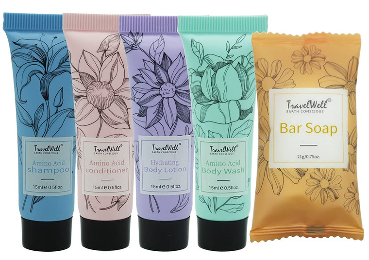 Travel Well Flower Series Mini Hotel Toiletries - Individually Wrapped Guest Bathroom Amenities in Bulk - Shampoo & Conditioner Minis Bulk - Body Was