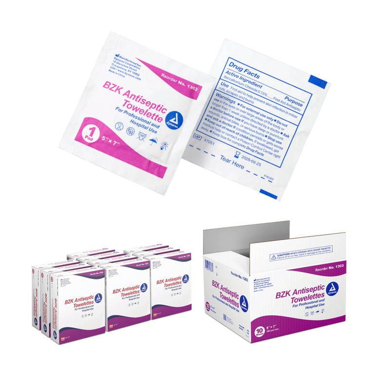 Dynarex BZK Antiseptic Towelettes, Moist Sanitizing Wipes Designed to Protect Minor Wounds, 5" x 7", Disposable & Individually Wrapped, 1 Case - 10 B