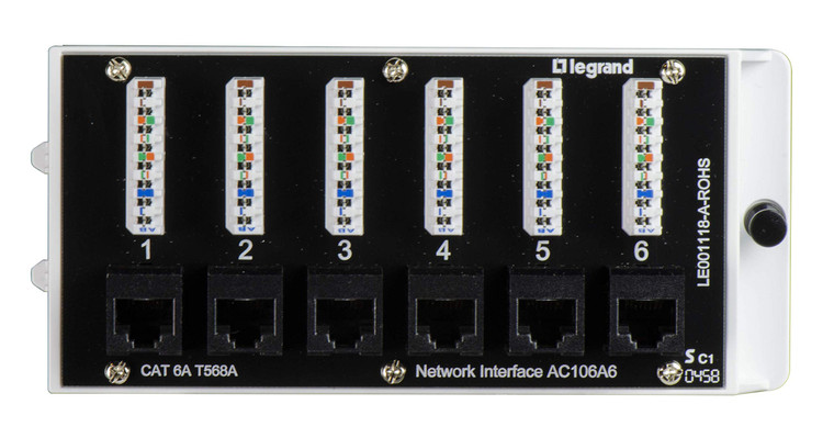 Legrand - OnQ Home Theater Patch Panel, 6 Port Interface Module, Cat 6A Network Patch Panel for Wired Ethernet Connection, Black, AC106A6
