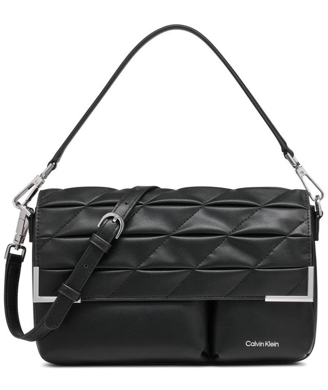 Calvin Klein Mica Organizational Flap Demi Shoulder Bag & Crossbody, Black/Silver Puffy Quilt, One Size