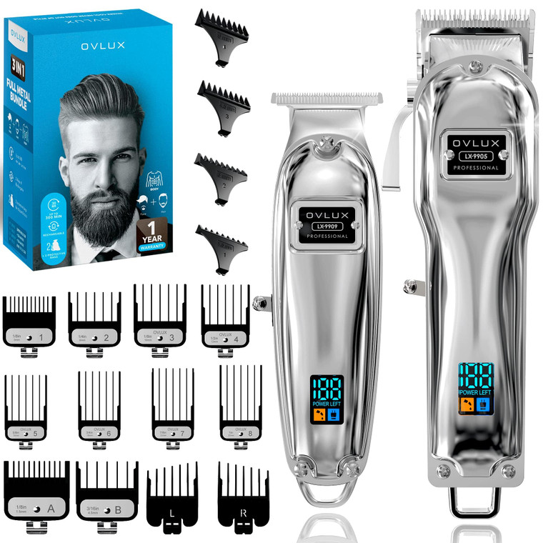 Full Metal Cordless Hair Clippers and Trimmer Professional Set for Men - Rechargeable Clippers for Hair Cutting, Beard T-Blade Trimmer for Men, Hairc