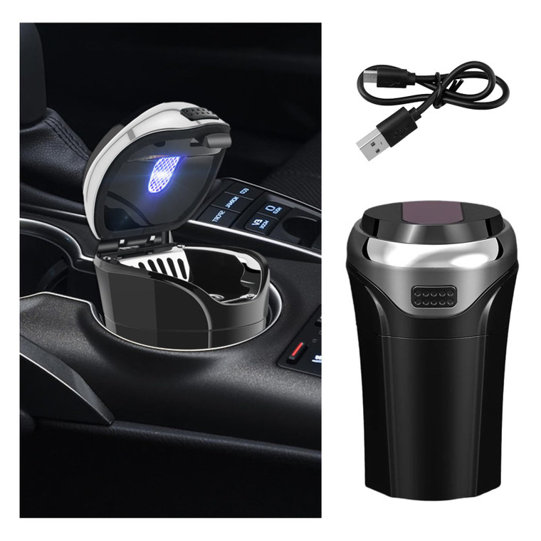 Suvnie Car Ashtray with Lid, Detachable USB Rechargeable Auto Cigarette Lighter with Blue LED Light, Portable Smell Proof Stainless Car Ash Tray, Min