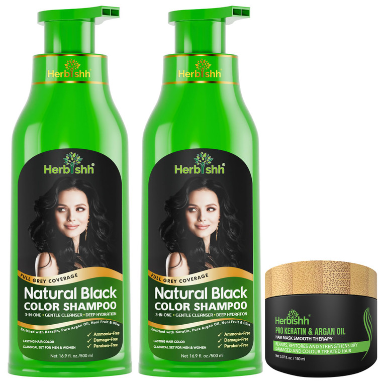 Combo Pack - 2pcs Herbishh Hair Color Shampoo + 1pc Argan Intense Hair Mask - Long-lasting Gray Hair Dye - 500ml - Stimulates Dry, Frizzy Hair (Black