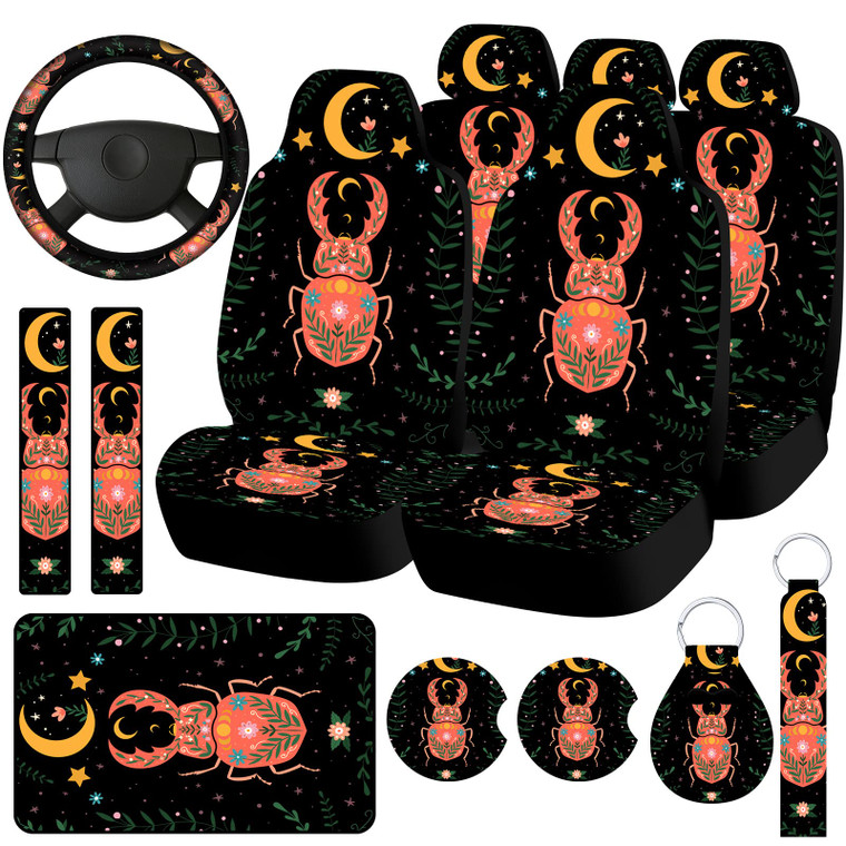 Riakrum 15 Pcs Gradient Sun Moon Star Car Seat Covers Full Set for Women Steering Wheel Cover Shoulder Pads Armrest Pad Keychain Wrist Strap Auto Sea