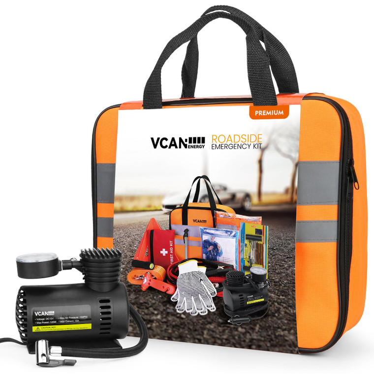 VCANENERGY Car Emergency Safety Kit Bag with Portable Air Compressor, Jumper Cables,First Aid Kit, Tire Pressure Gauge, Auto Vehicle Safety Road Side