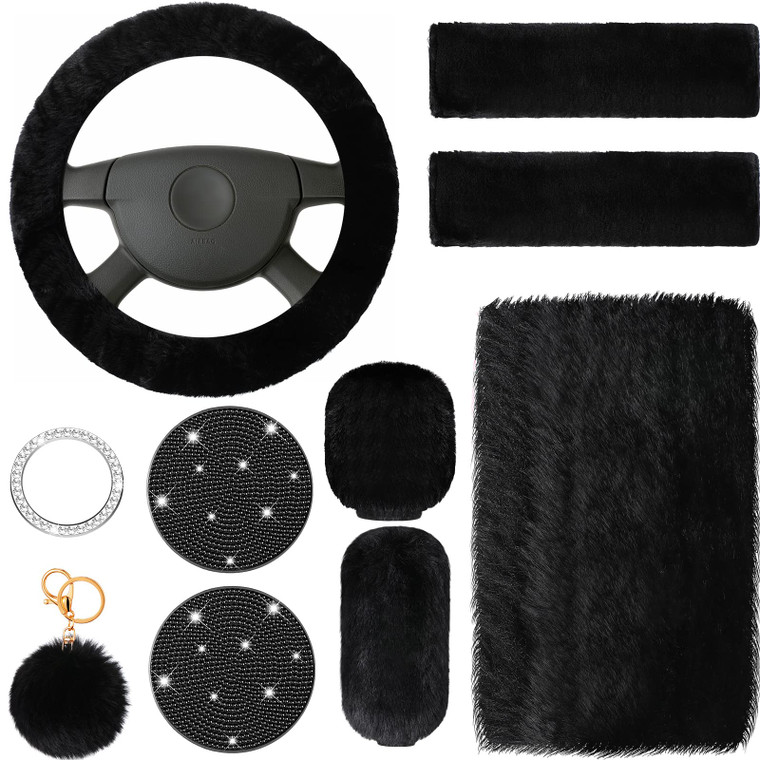 Frienda 10 Pcs Fluffy Car Steering Wheel Covers Handbrake and Gear Shift Cover Seat Belt Shoulder Pads Diamond Mat Ignition Ring Ball Key Chain Armre