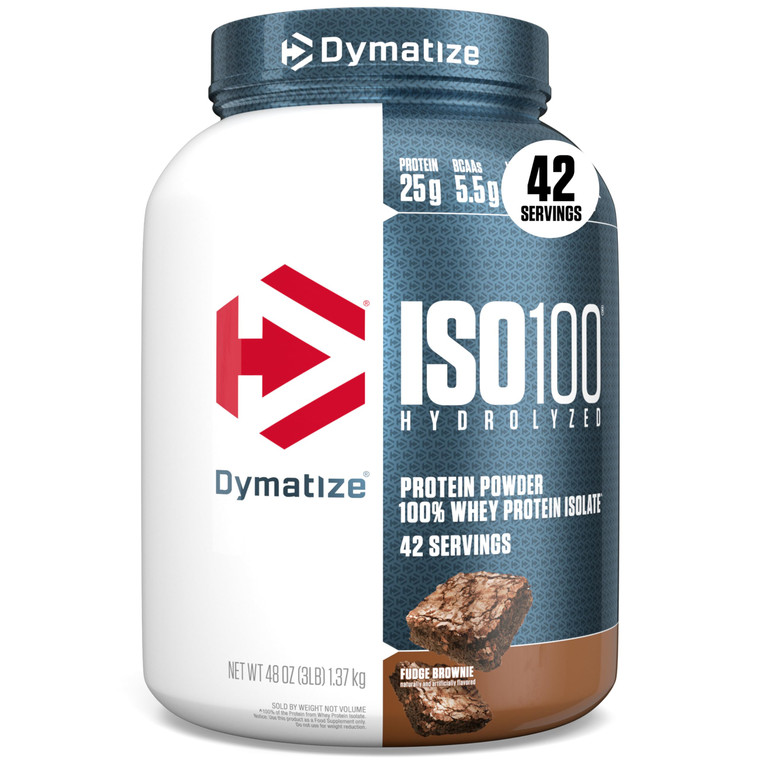 Dymatize ISO100 Whey Protein Powder Isolate, Fudge Brownie, 25g of Protein, 3 Pound, 5.5g BCAAs, Less Than 120 Cal., Gluten Free, 1g Fat, 1g Sugar, 2