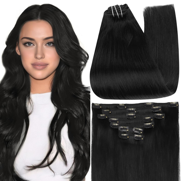 Full Shine Black Clip in Hair Extensions 24 Inch Remy Hair Extensions Clip ins Human Hair Jet Black Natural Hair Clip in Extensions for Long Hair 7 P