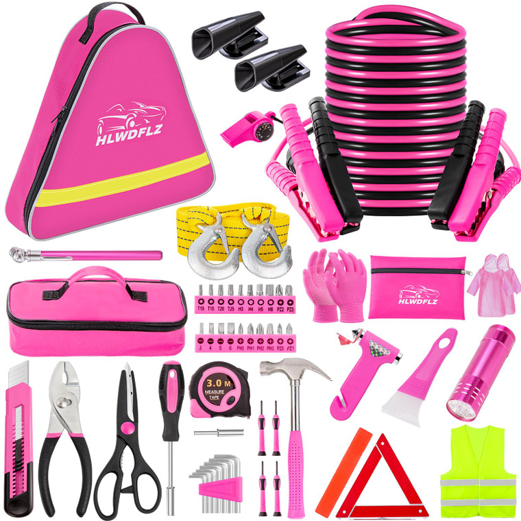 HLWDFLZ Car Roadside Emergency Kit - Pink Roadside Assistance Emergency Kit with Jumper Cables, Auto Tool Set, Deer Whistles, Winter Car Safety Roads
