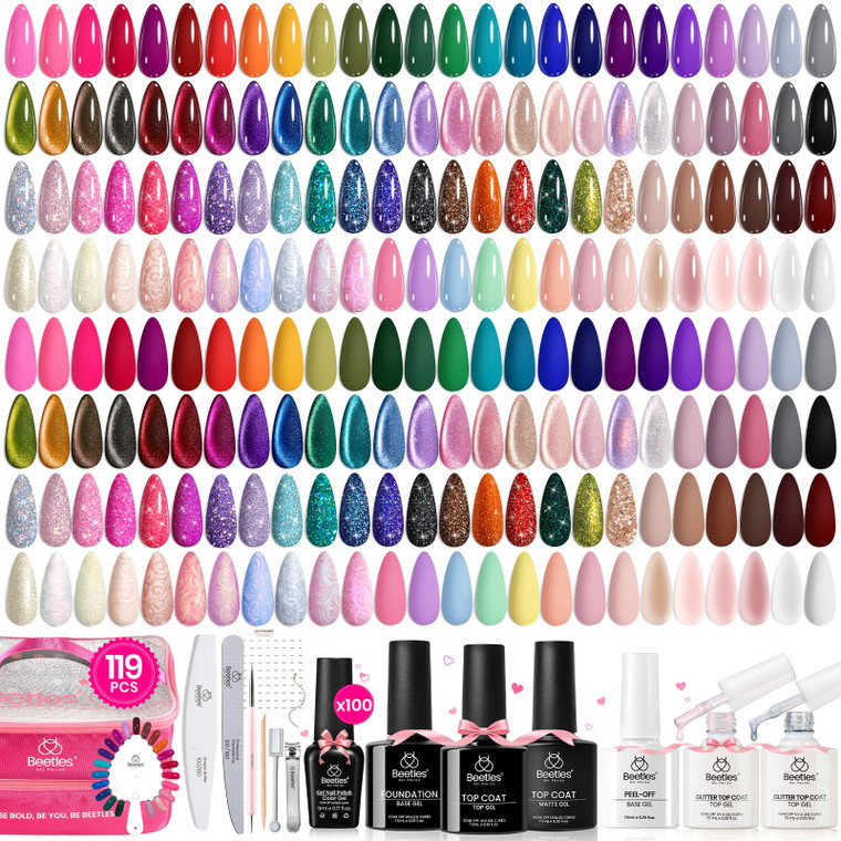 Beetles Nail Nook Gel Nail Polish Set - 119 PCS 100 Colors Gel Polish Kit Base Glossy Matte Glitter Top Coat Glitter Pearl Cat Eye White Red Pink Nud