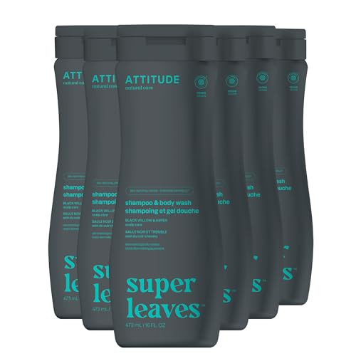 ATTITUDE 2in1 Shampoo and Body Wash, EWG Verified, Plant and Mineral-Based, Vegan Personal Care Products, Black Willow and Aspen, 16 Fl Oz (Pack of 6