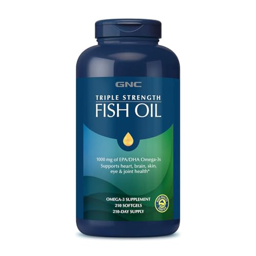 GNC Triple Strength Fish Oil Omega 3 Supplement, 1000mg EPA and DHA, Supports Heart, Brain, Skin, Eye and Joint Health, 210 Softgels
