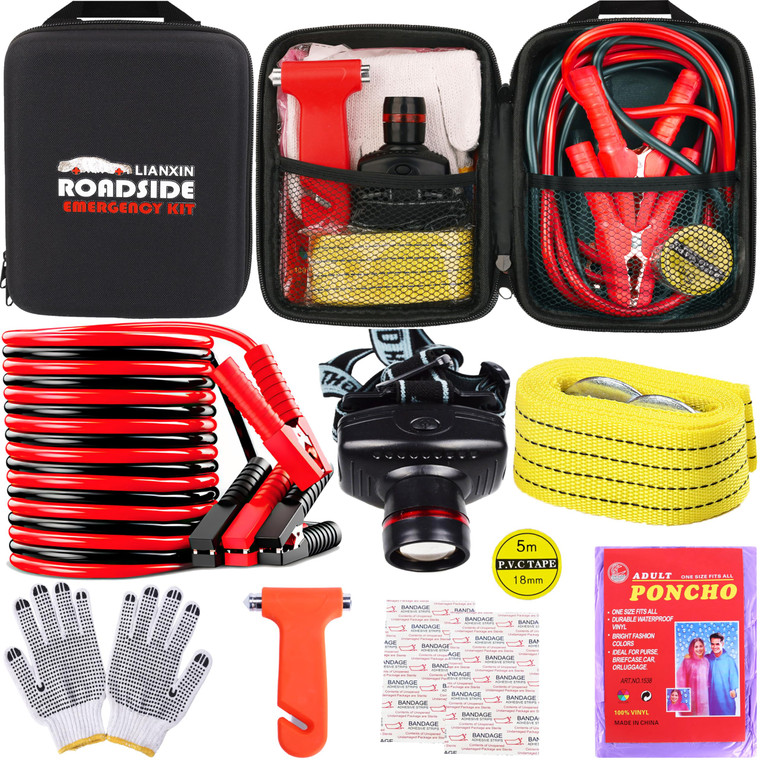 LIANXIN Car Roadside Emergency Kit, with Jumper Cables Automotive Kit,Car Safety Roadside Assistance Kit Headlamp,Tow Straps, Safety Hammers, Rainwea