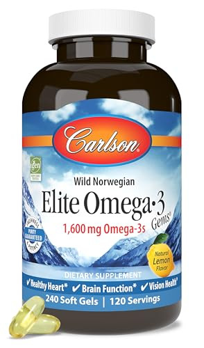 Carlson Elite Omega-3 Gems, 1600 mg Omega-3 with EPA & DHA, Lemon Flavor, 240 Softgels  Wild-Caught Norwegian Fish Oil, Sustainably Sourced