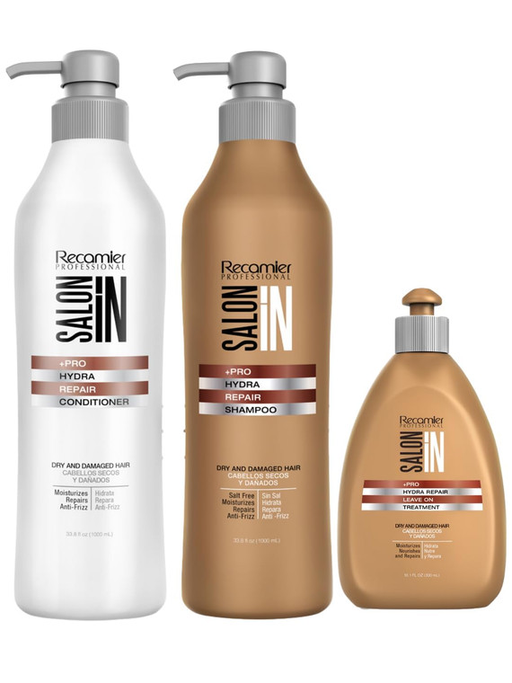 Salon In Recamier Hydra Repair Hair Kit | Shampoo, Conditioner & Leave-In | 33.8 fl oz Each | Deep Repair for Dry & Damaged Hair