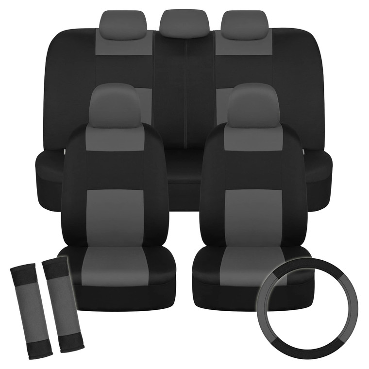 BDK PolyPro Car Seat Covers Full Set in Charcoal on Black with Steering Wheel Cover & Seat Belt Pads  Front and Rear Split Bench Car Seat Cover, Eas