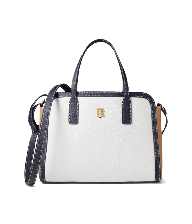 Tommy Hilfiger Liv II Convertible Satchel Color-Block Pebble PVC White Greige/Basket Brown/Tommy Navy One Size