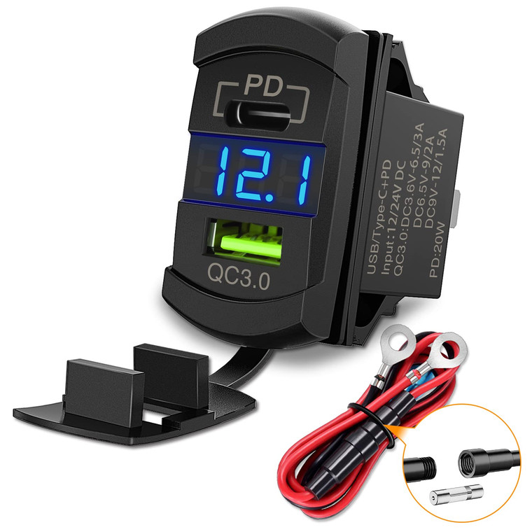 Nilight Rocker Switch Style USB Outlet LED Voltmeter Quick Connector 12V PD Type C and USB QC 3.0 Cars Replacement with Inline Fuse for Switches Pane