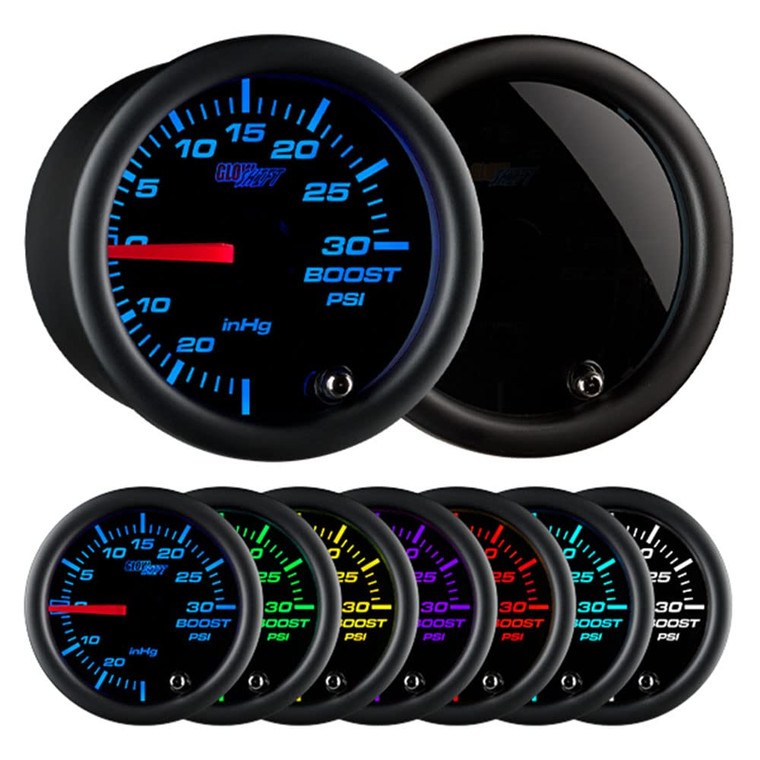 GlowShift Tinted 7 Color 30 PSI Turbo Boost/Vacuum Gauge Kit - Includes Mechanical Hose, T-Fitting & Wiring - Multi-Color Display - Black Dial - Smok