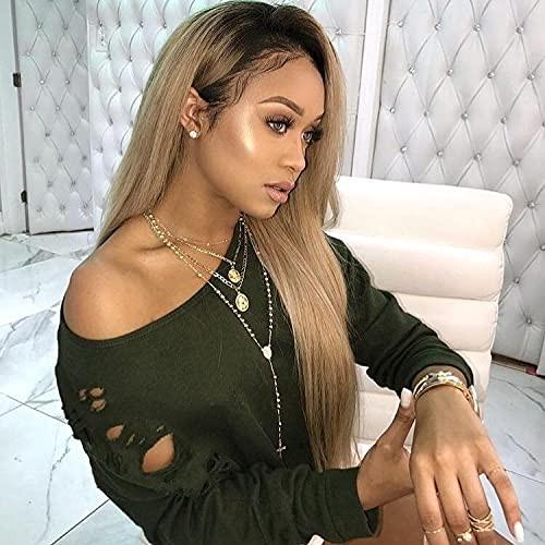 Guanyuwigs Ombre #1B/27 Honey Blonde 360 Lace Frontal Wig pre plucked Brazilian Human Hair Silky Straight Full Lace Wig For Black Women 150 Density 1