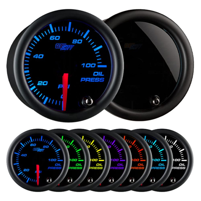 GlowShift Tinted 7 Color 100 PSI Oil Pressure Gauge Kit - Includes 1/8-27 NPT Electronic Sensor & Wiring - Multi-Color Display - Black Dial - Smoked